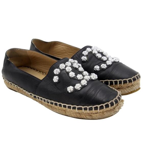 Chanel Espadrilles 36 Lambskin Leather Studded Cc Camellia Flats CC-S0207P-C031 - Picture 5 of 11